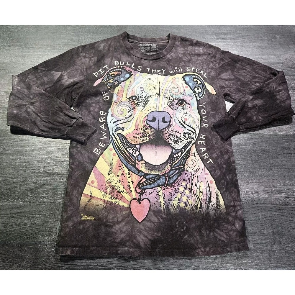 The Mountain T Shirt Adult S PitBull Dog Tie Dye Graphic Gray Long Sleeve